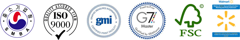 SMBA 벤처기업, ISO9000, GMI, G7 Master, FSC, Walmart 인증